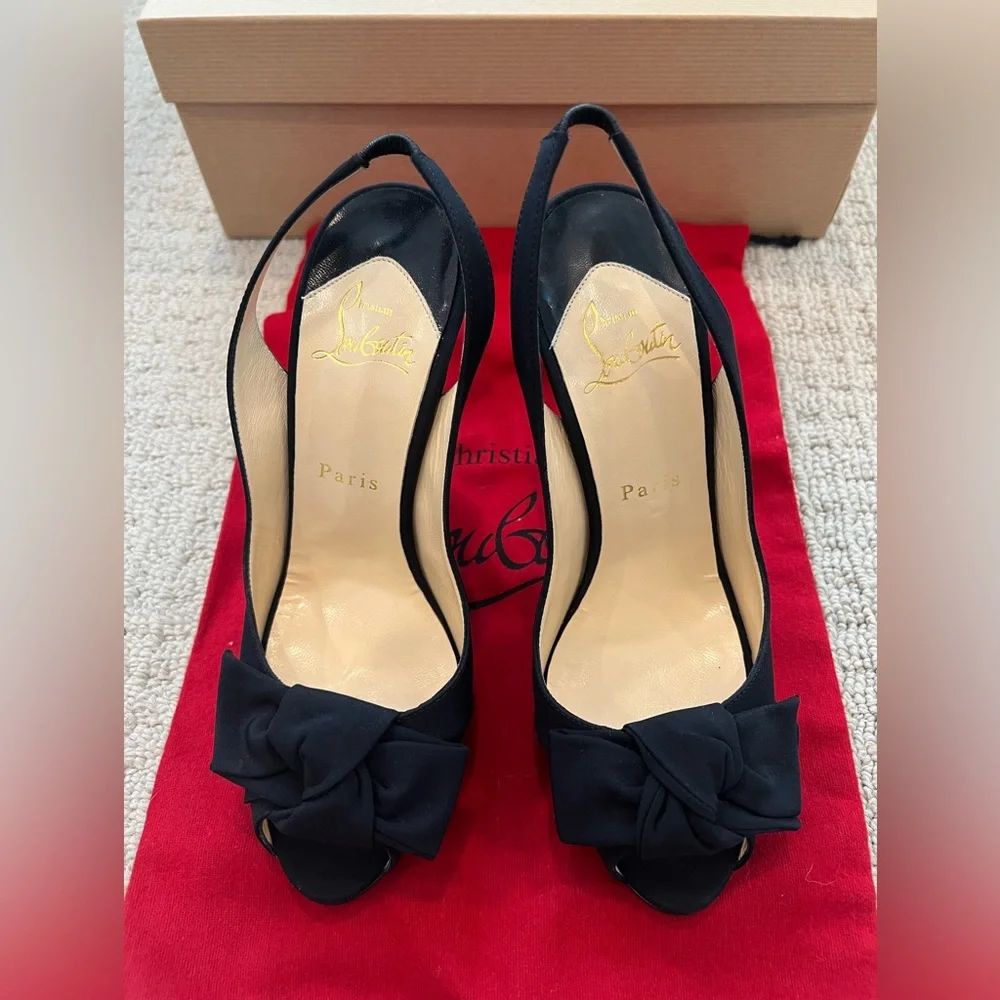Christian Louboutin Slingback Open-toe Heels with Bows, Black and size 37.5